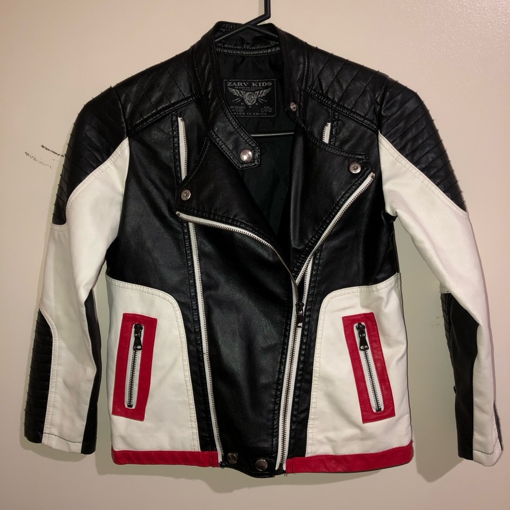 Black and White Leather Jacket with Red Accents 9-10 Years Old